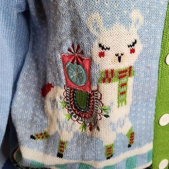 Merry Christmas Baby blue llama ugly cardigan  sweater women's size M - Picture 2 of 4